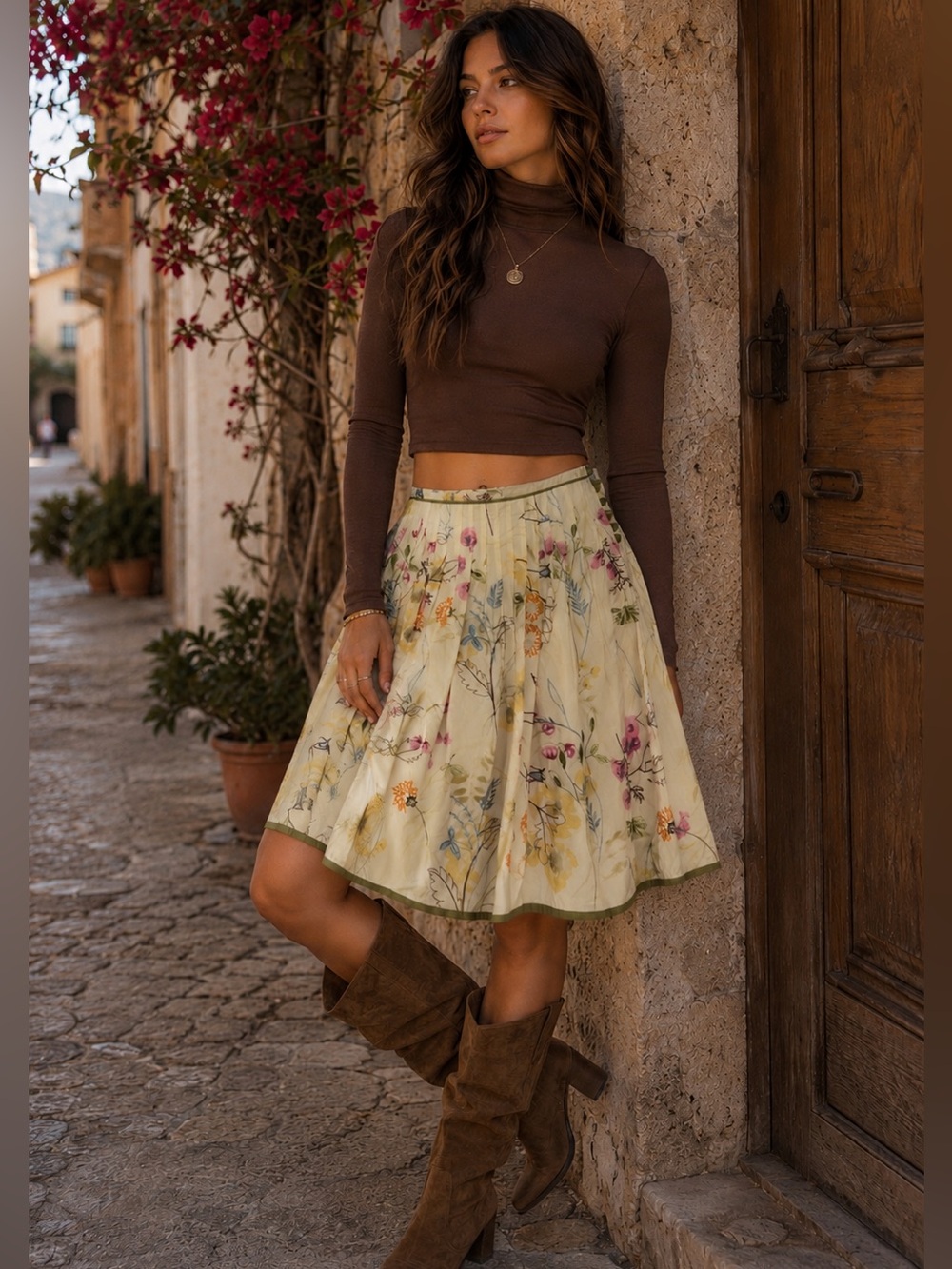 Herry Embroidered Floral Pleated Skirt Garden Fairy Whimsical Boho Butter Yellow